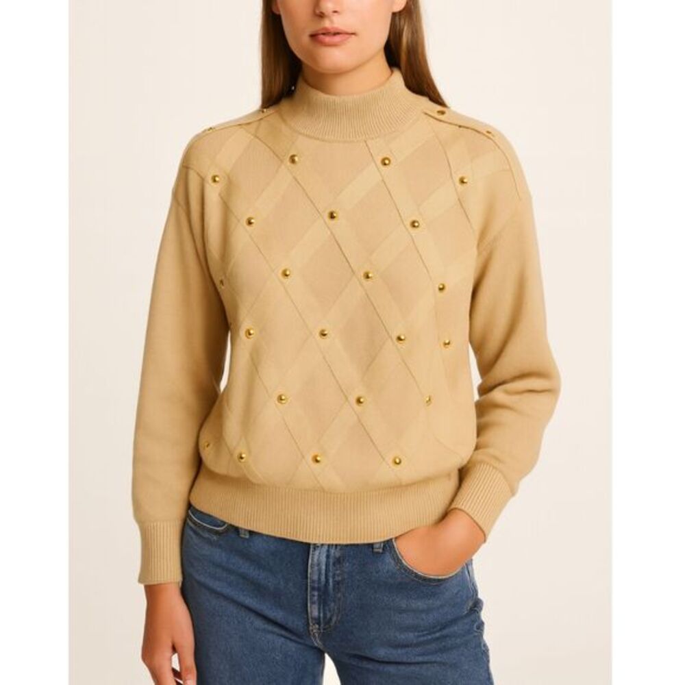 St. John Pullover Sweater Women’s Medium Tan Knit Mock Neck‎ Vintage Flawed